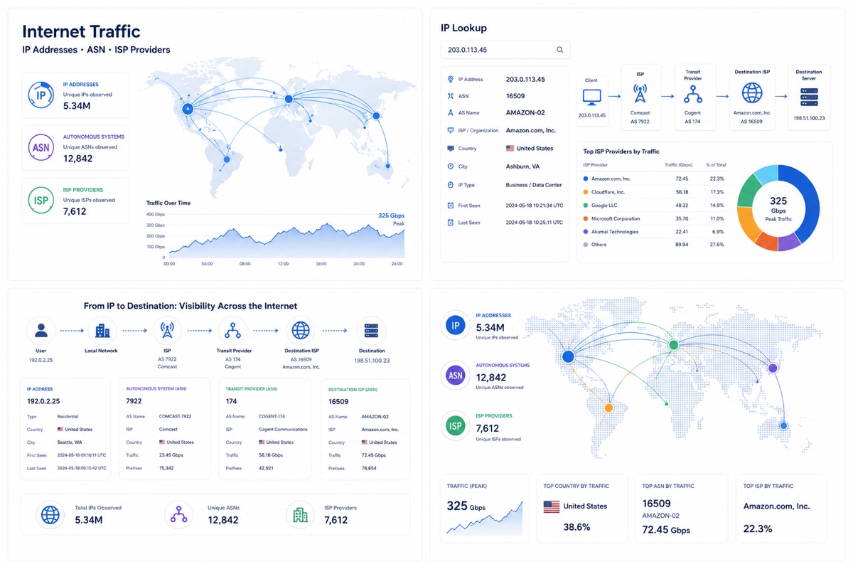 Panels from the sniche data set: IP address, ASN and ISP totals with global traffic maps, a single IP lookup showing its ASN, provider, location and first and last seen times, and the network path from a client through its ISP and transit provider to the destination host.